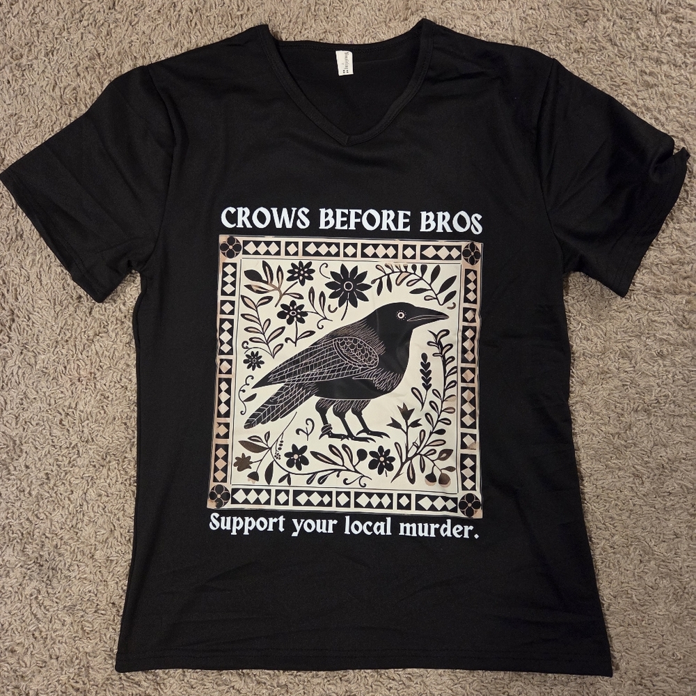 Black Graphic Tee with Crow Design